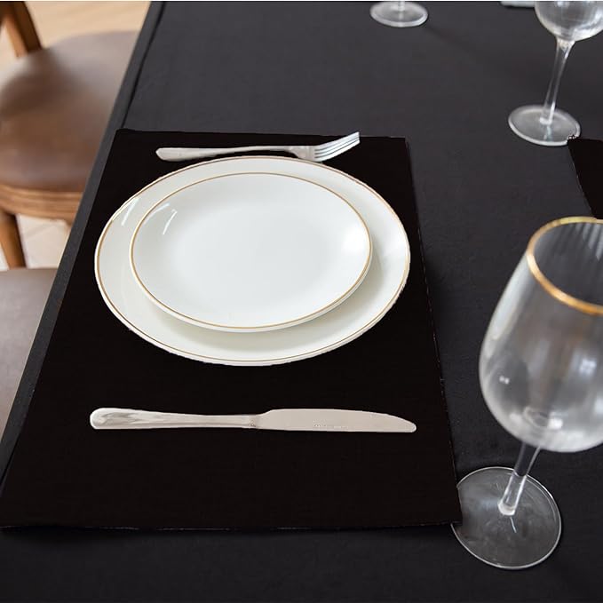 Linen Fabric Placemats Set of 6, Machine Washable, Heat Resistant, Wrinkle Free, Thick Polyester Kitchen Place Mats for Dining Table (Black)