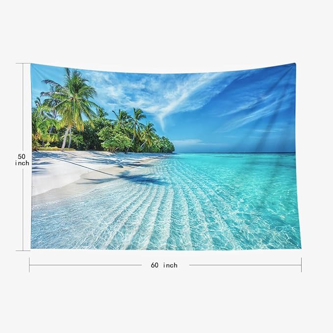 EMMTEEY Beach Tapestry Wall Decor 60X50 Inch-Summer Calm Sea Waves with Palm Trees Durable Wall Art for Bedroom