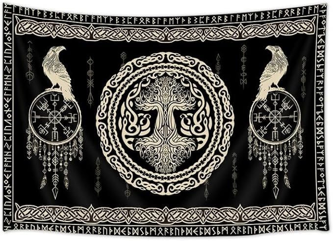Hajmsug Vikings Tapestry,Black and White Tree Bird of Wisdom Celtic Rune Ancient Rune Totem Norse Mythology Medieval Viking Wall Art,Aesthetic Mythology Tapestry for Bedroom Living Room,71X60 Inch.