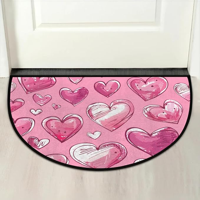 Half Round Doormat Valentine's Day Decorative Rug Half Moon Kitchen Mat Cute Bathroom Rug Washable for Living Room Bedroom Decorative Gift Love Pink