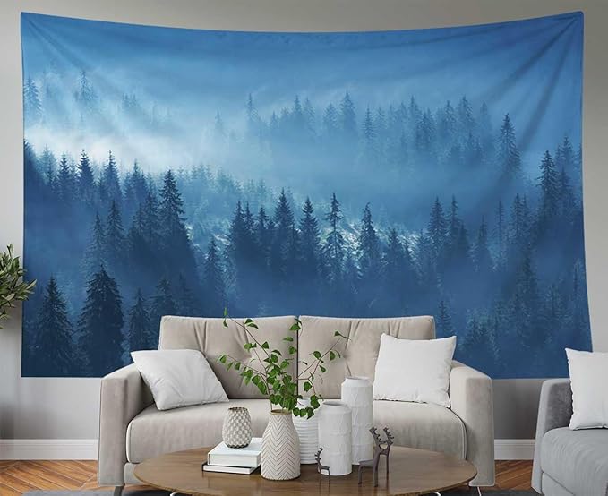 EMMTEEY Forest Wall Hanging - Mystical Mountain Pine Forest in Fog Scenic Tapestry, 60x40, Perfect for Families