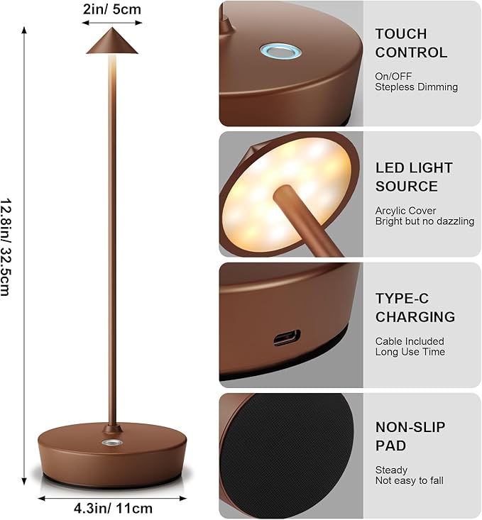 Rechargeable Cordless Table Lamp, Portable Powered LED Battery 6000mAh Metal USB Desk Lamp, 3 Levels Brightness Light for Restaurants Outdoor (Coffee)