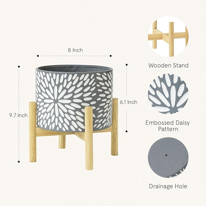 LA JOLIE MUSE Ceramic Planter with Wood Stand - 8 Inch Unique Modern Flower Pots Indoor with Wood Planter Holder and Drainage, Frost Gray