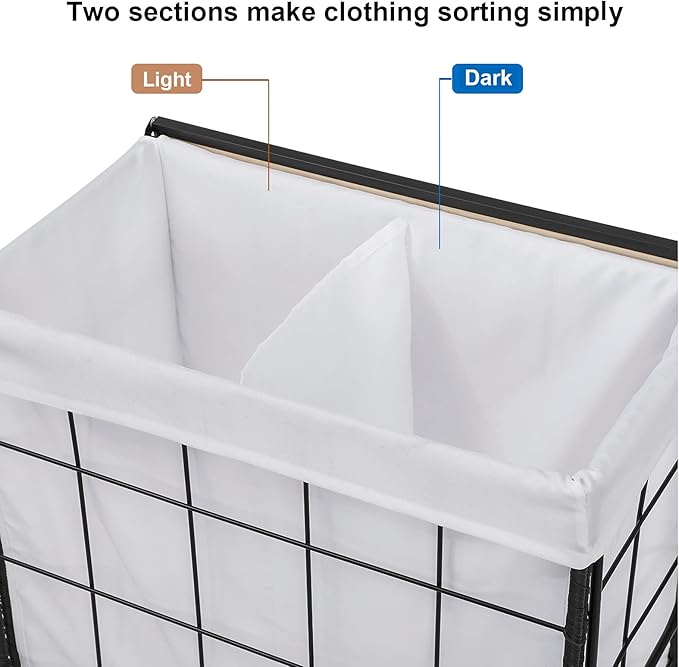 Durable Laundry Hamper with Removable Liner Bag, Heavy Duty Wheels, Wood Lid and Metal Handle - Clothes Sorter and Laundry Basket in White
