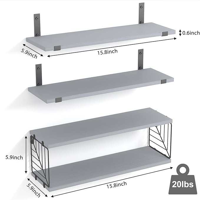 Fixwal 3+1 Tier Bathroom Floating Shelves Over Toilet, 15.8in Farmhouse Rustic Wood Shelves, Wall Decor for Bathroom, Living Room,Bedroom and Kitchen (Gray)