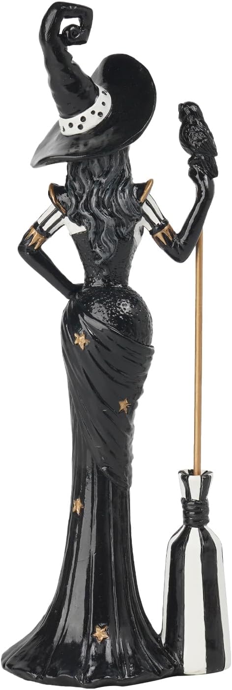 Newman House Studio Halloween Decoration Fairyland Witch Figurine - Magic Witch Holding Broom Dia De Los Muertos Day of Dead Resin Witch Statue Gothic Farmhouse Decor 4.25 * 3.5 * 12.75 in