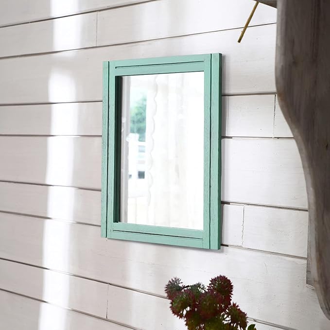 AAZZKANG Rectangle Wall Mirror with Wood Framed Small Modern Hanging Mirrors Decor for Bedroom Bathroom Living Room Entrance Green