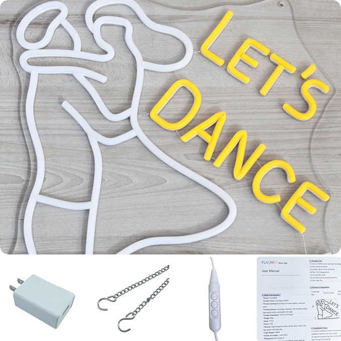 Let's Dance Neon Sign for Wedding, Birthday, Bedroom Wall Decor, Happy Hour, Good Vibes - Dimmable LED Light Strip, 5V Charger, User Manual