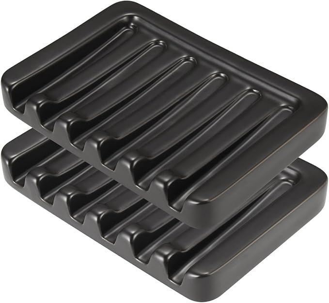 Self Draining Soap Dish, Ceramic Soap Holder for Shower, Vonpri Waterfall Bar Soap Case Saver Tray Sponge Organizer Keep Dry for Bathroom Kitchen Counter Sink (2, Black)
