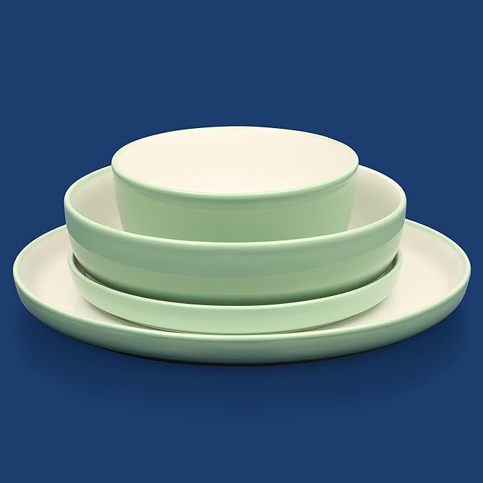 Sur La Table Kitchen Essentials 16 Piece Two-Tone Porcelain Chip and Scratch Resistant Dinnerware Plates and Bowls Set - Green/White