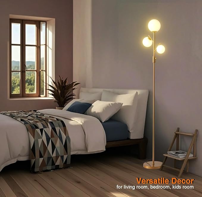 Fiqevs Dimmable Globe Floor Lamp, 3 x 800LM LED Bulbs Included Brightness Adjustable, Mid Century Modern Glass Floor Lamps for Living Room, Gold Standing Tall Lamp for Bedroom Office Dining Room