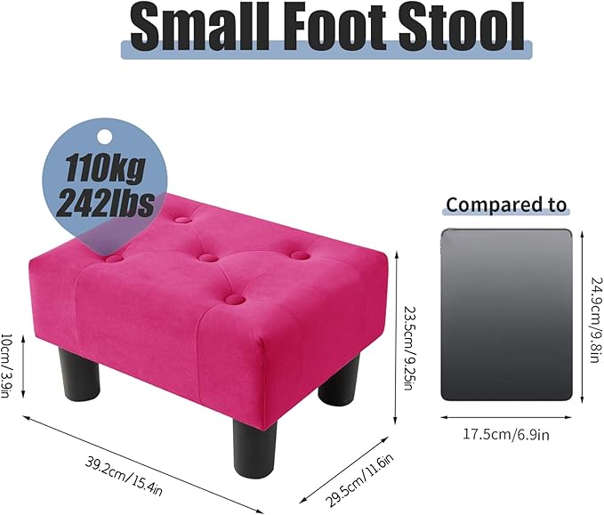 BRIAN & DANY Small Foot Stool, Velvet Foot Stools with Legs, Stable Small Footstool for Living Room, Rose Red