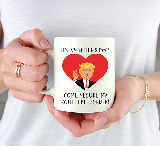 Andaz Press Valentine’s Day Funny 11oz. His Her Couples Coffee Mug Gift, It's Valentine's Day! Come Secure My Southern Border!, Heart Donald Trump Graphic, 1-Pack, Gift Box