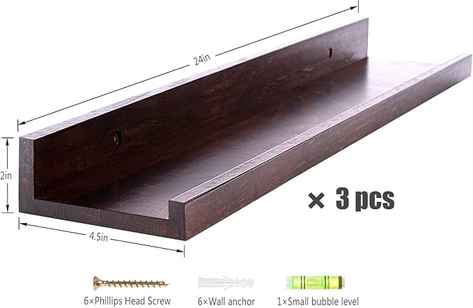 MBYD Floating Shelves 3 Same Dimensions, 24 Inch Deep Walnut Solid Wooden Shelves for Wall, Wall Mount Picture Ledge Wall Shelf for Home, Kitchen, Office, Living Roo