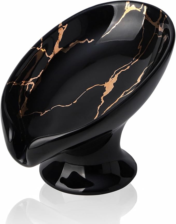 WHJY Marble Soap Holder Tray, Small Leaf Shape, Black, for Bathroom & Kitchen
