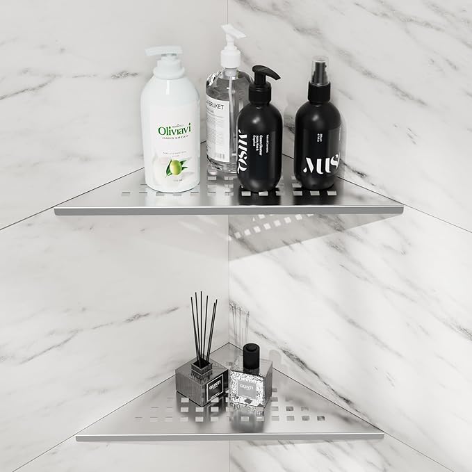 Corner Shower Shelf 10" Slot Design Bathroom Shelves for Tiled Wall, 304 Stainless Steel Recessed Organizer Corner Shelves for Inside Shower Decor, 2 Pack, Silver (Square)