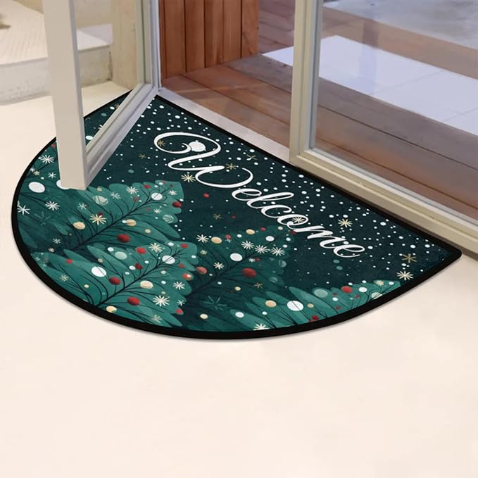 Half Round Doormat Indoor Welcome Mat Half Round Rugs Non-Slip Kitchen Mat for Home Living Room Laundry Room Study Bedroom Winter Christmas Tree Rugs
