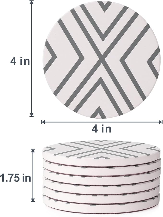 Lifver 6 Piece Absorbent Stone Coaster Set with Holder,Drink Spills Coasters, Grey-Lines