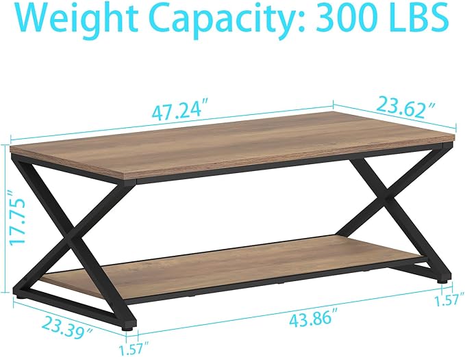 HSH Rustic Wood Coffee Table, Modern Farmhouse Living Room Table, Minimalist Center Table with Storage & Display Shelf, 2 Tier Simple Rectangle Cocktail Tea Table for Home Office Bedroom, 47 Inch