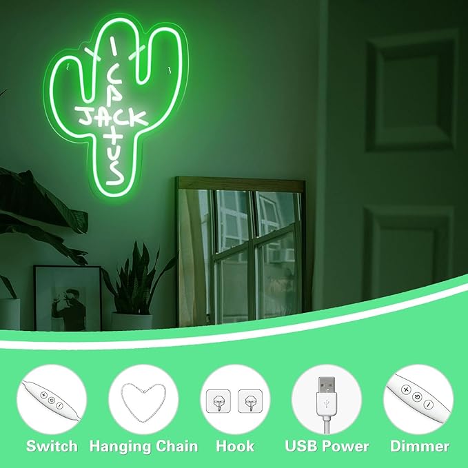 Cactus Jack LED Neon Sign - Decor Dimmable Green Jack Cactus Neon Light Up Wall Art for Bedroom Festival Decoration 15.7" X 11.8" Dimmer Home Lights for Man Cave Club Pub Beer Bar Birthday Gift