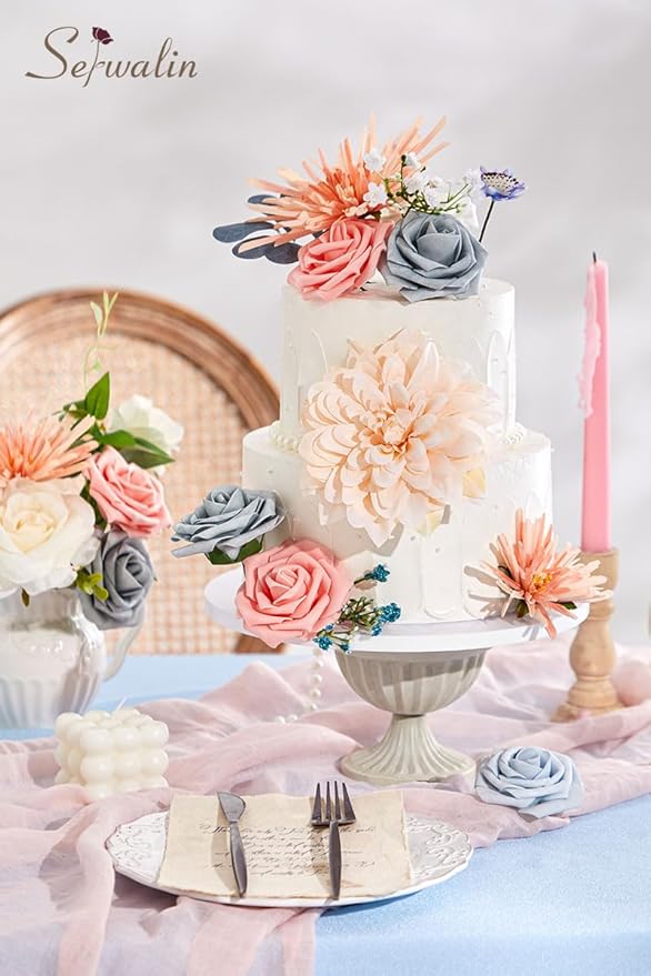 Serwalin Artificial Flowers, Blue Pink Wedding Flowers Fake Silk Flowers for DIY Wedding Bridal Bouquets Arrangements Baby Shower Home Cake Decor