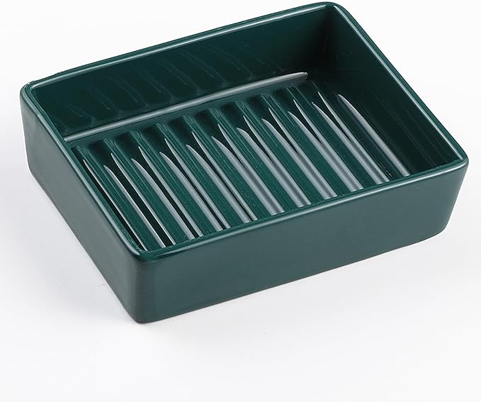 Green Rectangle Ceramic Soap Dish - Modern Hand Soap Holder for Bathroom, Kitchen, Shower, Countertop