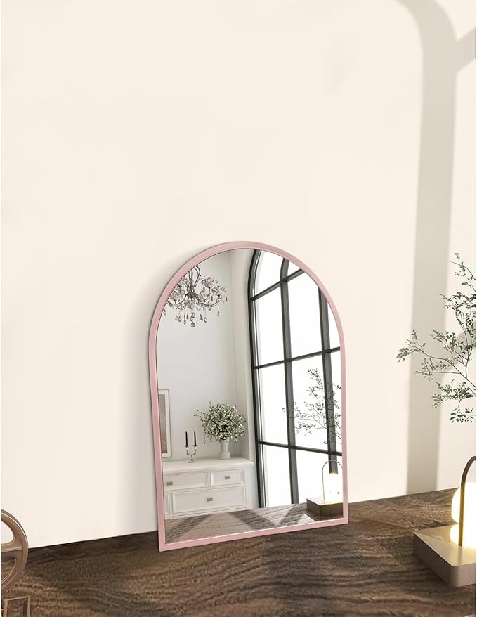 Arch Bathroom Mirror, Brushed Metal Framed Wall Mounted Mirror, Aluminum Alloy Vanity Wall Mirror for Bedroom, Entryway, Living Room Entryway Home Decor 16"x12" Rose Gold