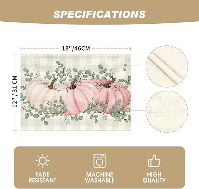 Artoid Mode Buffalo Plaid Pink Pumpkins Eucalyptus Fall Placemats Set of 4, 12x18 Inch Autumn Thanksgiving Table Mats for Party Kitchen Dining Decoration