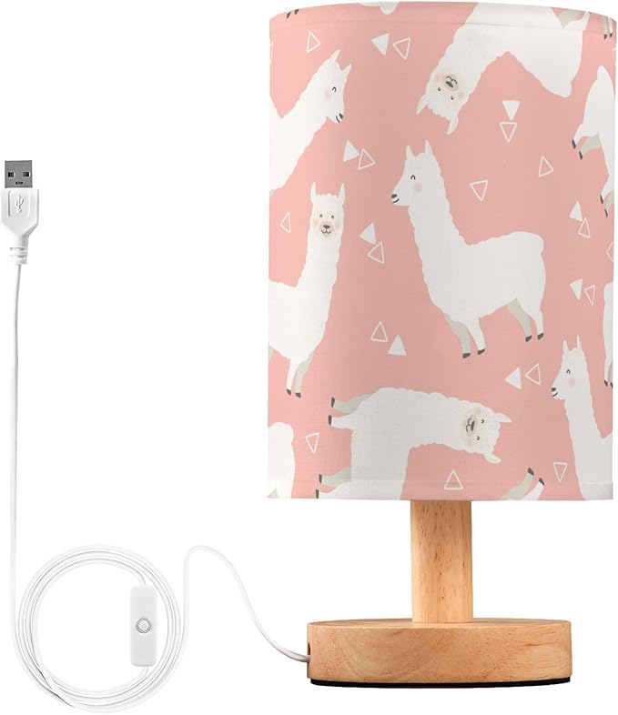 Table Lamp White Llama Alpaca Geometric Triangle on Pink Nightstand Lamp with Wood Base Fabric Lamp Shade Bedside Desk Lamp for Living Room Bedroom Kids Room Office