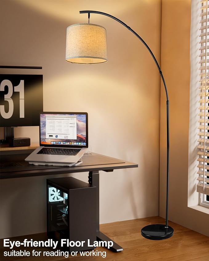 Lightdot Arc Floor Lamps for Living Room, Modern Standing Lamp with Hanging Drum Shade, Tall Standing Floor Lamp with Foot Switch, Over Couch Arched Reading Light for Bedroom, Office (Black)