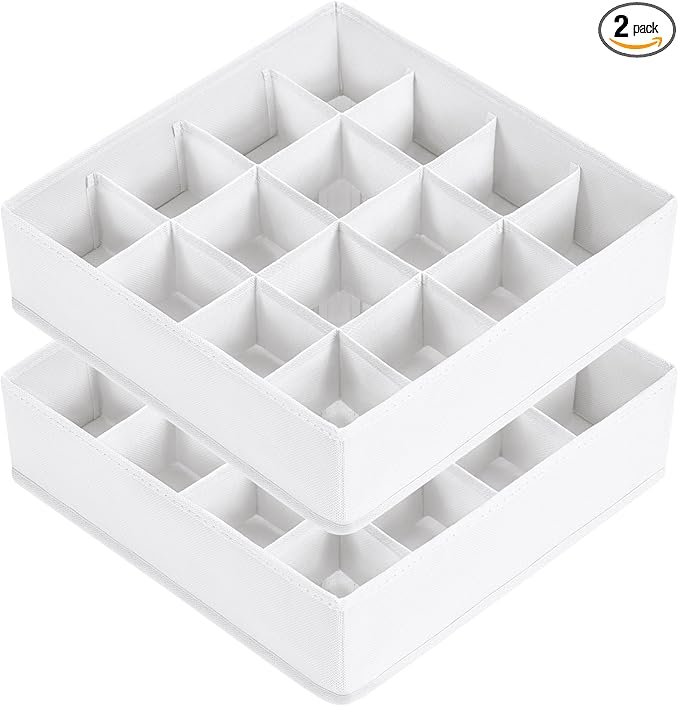 Joyoldelf Sock Drawer Organizer Divider, 16-Cell Underwear Organizers and Storage Fabric Drawer Organizer for Socks, Lingerie, Handkerchiefs, Ties Black, 2 Packs (White)