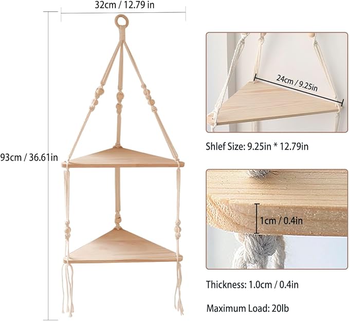 Artilady Corner Shelf White Wall Hanging - 2 Tier Wood Floating Shelves, Rustic Boho Wall Shelf Decor Hand Woven Cotton Rope Storage Rack for Plants Pots Photo Frames (White)