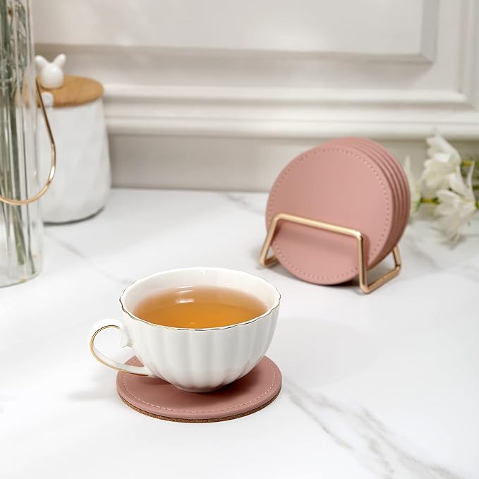 CASEGRACE Drink Coasters with Metal Holder Stand Set of 6, PU Leather Absorbent Coasters with Cork Base Table Coaster Set Decorative Coffee Cup Coasters Housewarming Gift for Home Decor