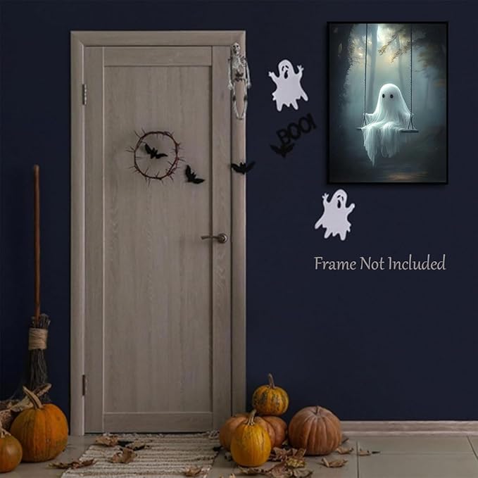 ILLBDR Cute Ghost Canvas Wall Art Halloween Decor Vintage Painting, Spooky Silhouette Ghost Haunted House Art, Bedroom Gothic Decor Ready to Hang, 12x16 Inch Unframed