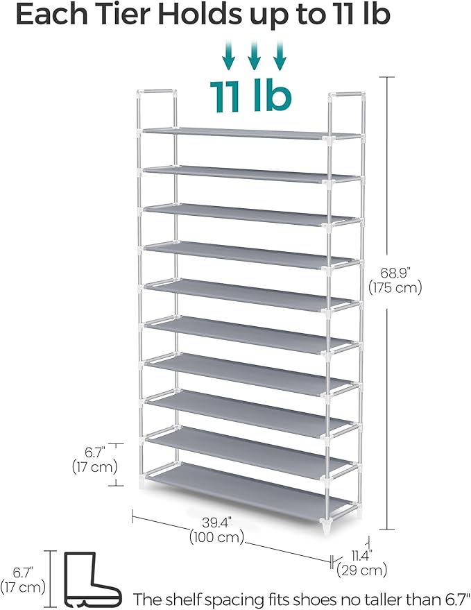 SONGMICS 10-Tier Shoe Rack, Shoe Storage for Hallway Closet, Slim and Space-Saving, Metal Frame, Non-Woven Fabric Shelves, Grey ULSR10G