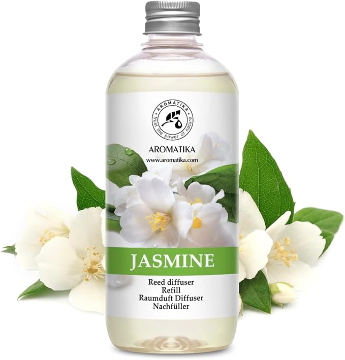 Jasmine Reed Diffuser Refill w/Natural Essential Jasmine Oil - 3x17 Fl Oz - Fresh & Long Lasting Fragrance - Scented Reed Diffuser Oil Refill - Best for Aromatherapy - SPA - Home
