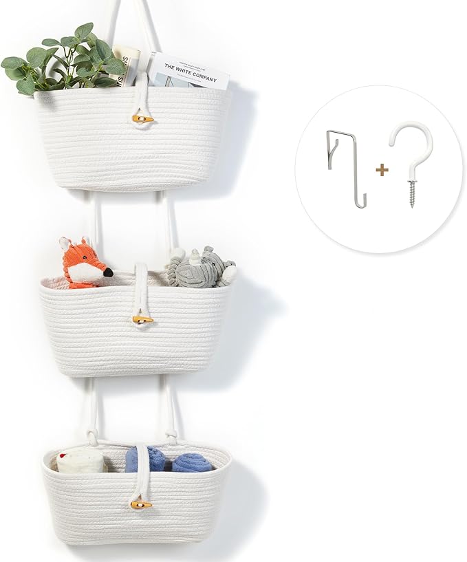 DULLEMELO Hanging Basket with Button Strap 3-Tier Woven Cotton Hanging Wall Baskets for Storage, Boho Wall Decor Hanging Storage Basket with Button Strap, White