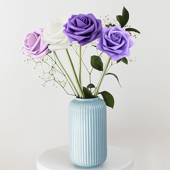 200PCS Artificial Flowers Purple Mixed Series Roses Real Looking Foam Fake Roses with Leaves and for DIY Wedding Bouquets Bridal Shower Centerpieces Party Decorations (Purple Series, 200)