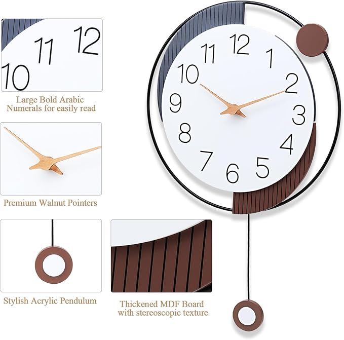 Decorative Silent Quartz Wall Clock with Pendulum, Battery Operated, Large 13x20 inch for Living Room, Kitchen, Home, Bathroom, Bedroom Wall Decor