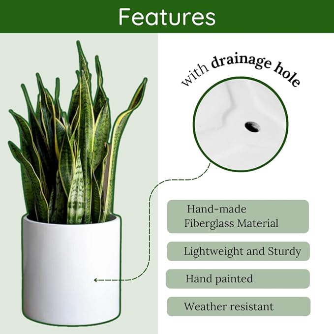 Elly Décor Cylindrical 11.5-inch Pot, White Planter Made of Fiberglass and Hand-Painted, Suitable for Indoor and Outdoor Plants and Flowers, with Drainage Hole and Plug