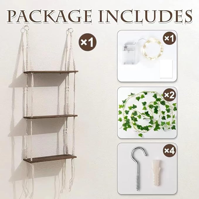 WOOD MEETS COLOR 3 Tier Macrame Wall Hanging Shelves with Artificial Ivy Leaves,Boho Room Decor Handmade Cotton Rope,Wooden Hanging Storage Floating Shelves for Small Plants,Living Room Bedroom