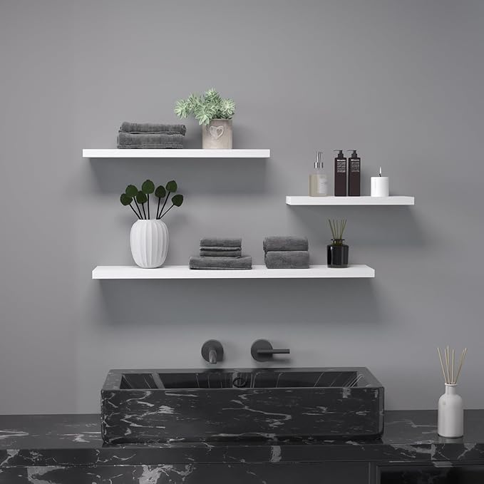 Floating Shelves 24 Inch Wall Shelf Solid Wood Mounted Storage for Bedroom Living Room Set of 3, White Wall Shelves