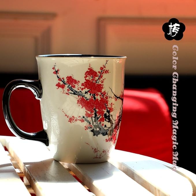 Color Changing Heat Sensitive Magic Funny Art Mug Large Coffee Tea Plum Blossom Porcelain Mugs for Women Mom grandma Gifts 16oz Black Change Glow Red Cups