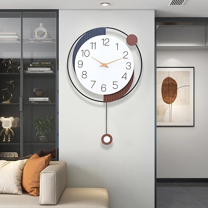 Decorative Silent Quartz Wall Clock with Pendulum, Battery Operated, Large 13x20 inch for Living Room, Kitchen, Home, Bathroom, Bedroom Wall Decor
