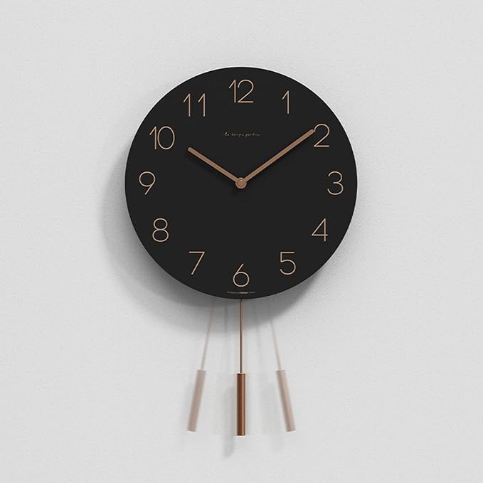 mooas Flatwood Wall Clock Pendulum Black,12" Wood Wall Clock Non-Ticking Sweep Movement Decorative Clock Battery Operated Clock for Home Living Room Kitchen Bedroom Office School
