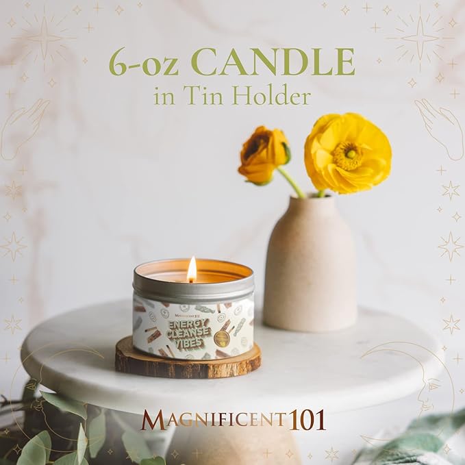 Magnificent 101 Long Lasting Energy Cleanse Vibes Candle | 6 Oz - 35 Hour Burn | All Natural Soy Wax Candle with Essential Oils for House Energy Cleansing & Manifestation | Let The Good Vibes in