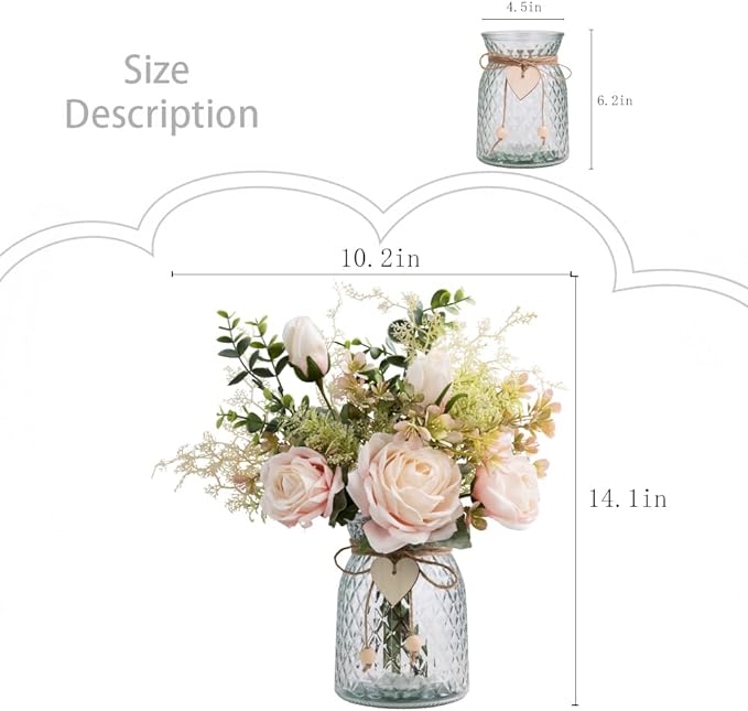 Silk Rose Flowers in Vase, Artificial Flowers Arrangement with Glass Vase Faux Rose for Decoration Table Centerpiece (Pink Rose)