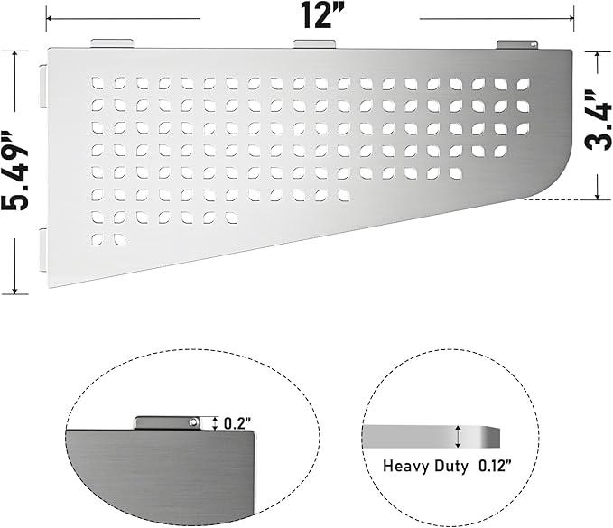 Corner Shower Shelf 12" Brushed 304 Stainless Steel Quadrilateral Corner Shelf Heavy Duty Recessed Bathroom Shelf No Drilling Needed