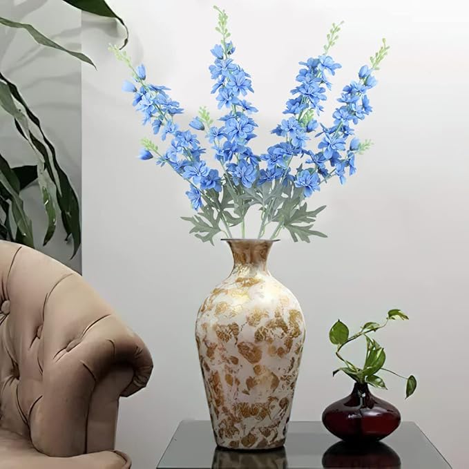 FERIAL Blue Silk Larkspur Flowers 4pcs Artificial Delphinium Faux Snapdragon Long Stem Fake Plant Spray Arrangement for Home Decor Indoor Outdoor Office Garden Wedding Table Vase Decor (Blue)