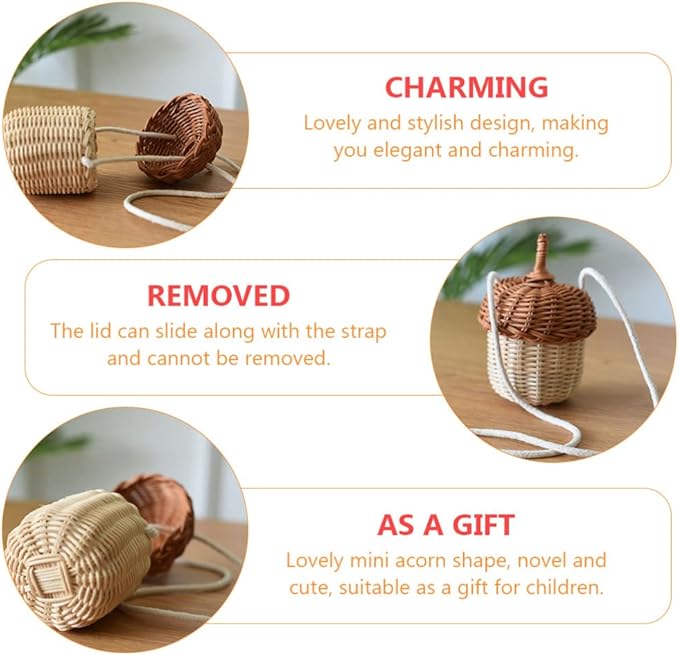 Cute Acorn Basket with Lid: Acorn Shaped Basket Shoulder Bag Hand Woven Rattan Storage Baskets Decorative Picnic Baskets Wicker Crossbody Bag for Girls Women